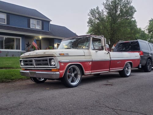 20 inch staggered American Racing Vintage VN215 CLASSIC TORQ THRUST II in Grey on a 1971 Ford F100
