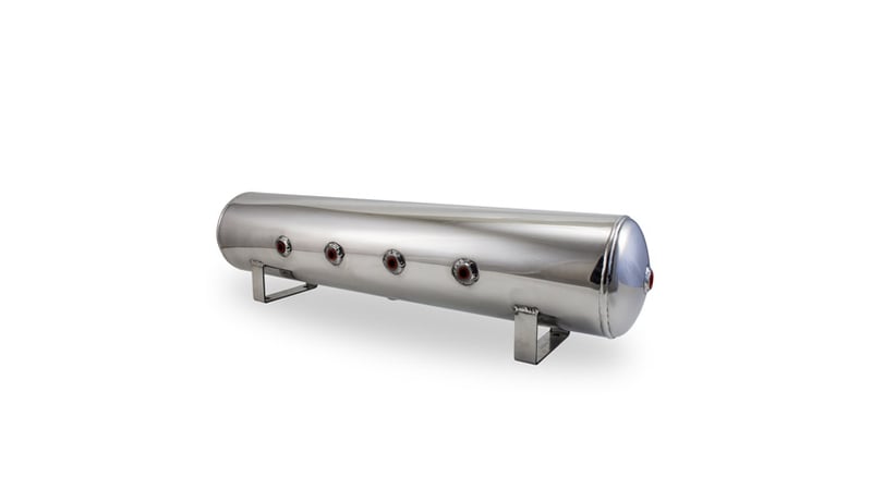 air lift 4 gal alum tank - (4) 1/4in face (2) 3/8in ports & 1/4in drain - 30in l x 6in d - polished 12957