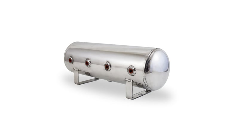 air lift 2.5 gal alum air tank - (4) 1/4in face ports & 1/4in drain port - 20in l x 6in d - polished 12958