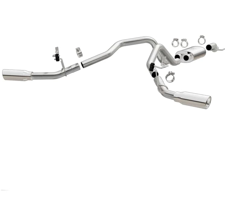 magnaflow cat-back, ss, 2.5/3in, dual split rear 4in tip 2015 ford f150 5.0l v8 *must remove spare* 19203