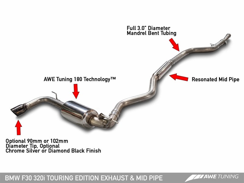 awe tuning 13-18 bmw f30 320i touring exhaust w/performance mid pipe - diamond black tip (90mm) 3015-23036