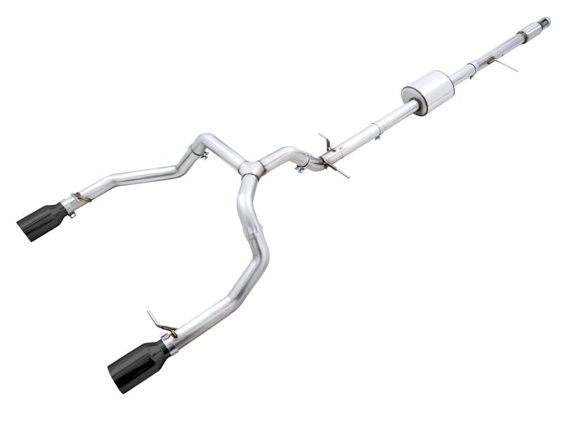 awe tuning 19-22 4th gen gm 1500 5.3l 0fg catback split rear exit (flat bumper) - quad diamond black tips 3015-33206
