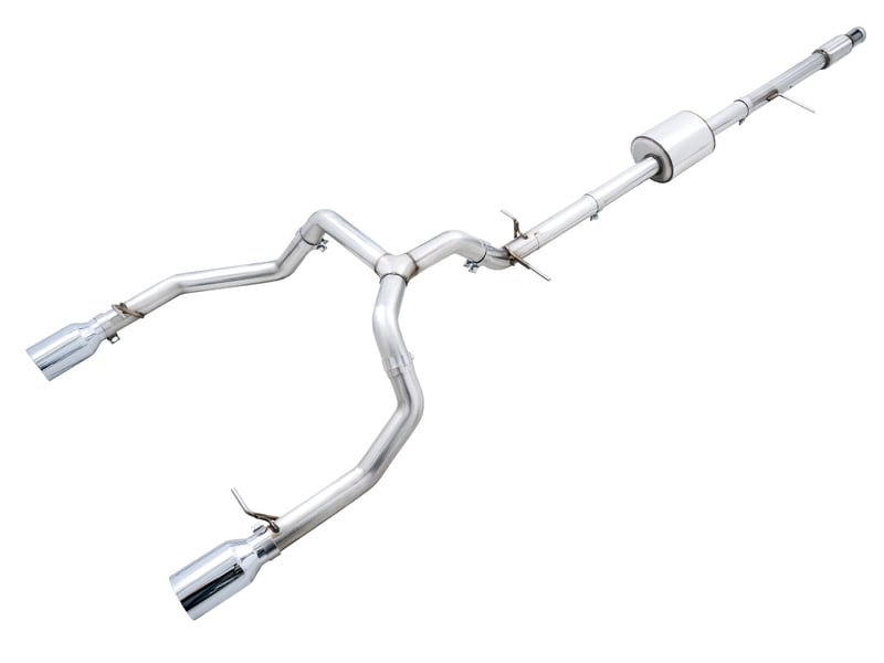 awe tuning 19-22 4th gen gm 1500 5.3l 0fg catback split rear exit (flat bumper) - quad chrome tips 3015-32205