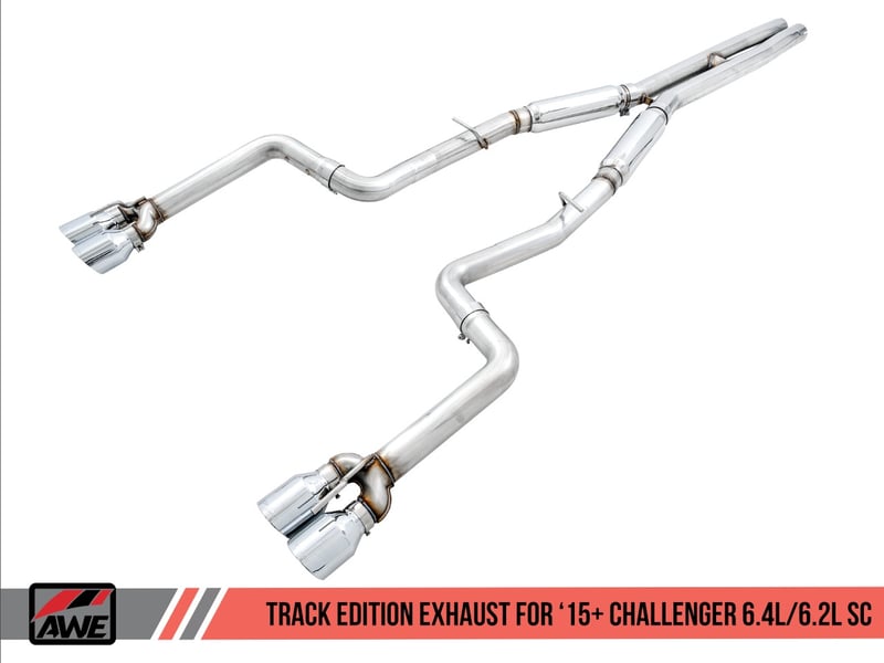 awe tuning 15-21 dodge challenger 6.4l/6.2l sc track edition exhaust - quad chrome silver tips 3015-42136