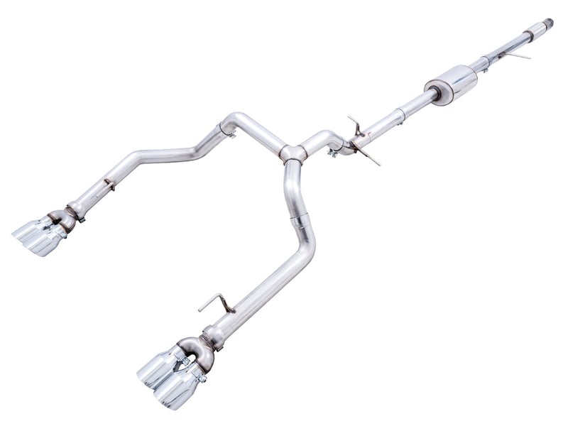 awe tuning 19-22 4th gen gm 1500 5.3l 0fg catback split rear exit (w/ bumper cutouts) - quad chrome tips 3015-42201