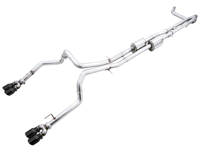 awe tuning 19-22 4th gen gm 1500 6.2l 0fg catback split rear exit (w/ bumper cutouts) - quad diamond tips 3015-43204