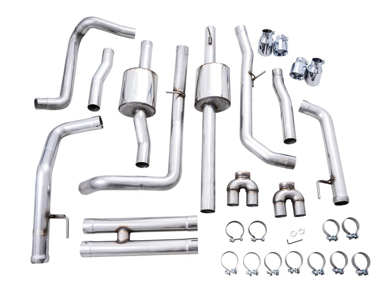 awe tuning 19-22 4th gen gm 1500 6.2l 0fg catback split rear exit (w/ bumper cutouts) - quad chrome tips 3015-42203