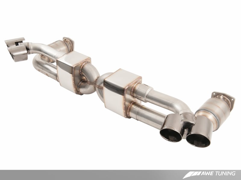 awe tuning porsche 991.1 turbo performance exhaust and high-flow cats - silver quad tips 3015-42040