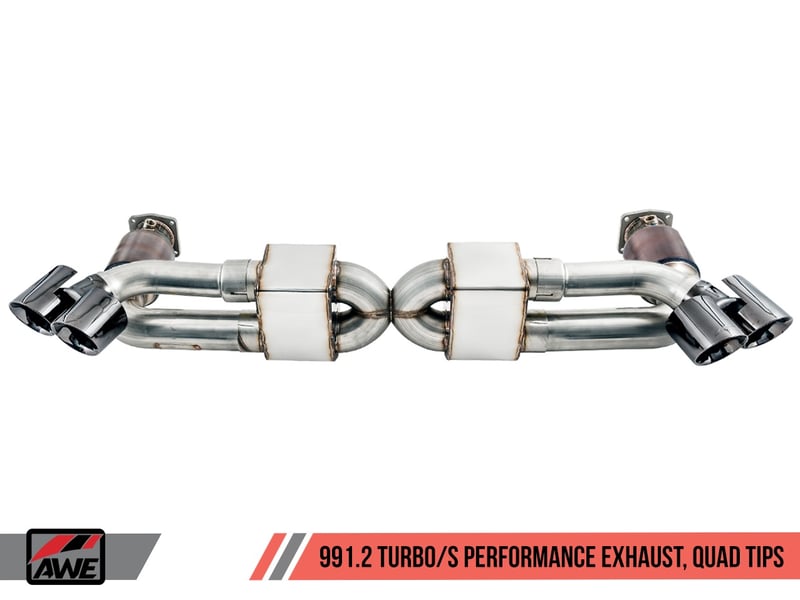 awe tuning porsche 991 turbo performance exhaust and high-flow cat sections - black quad tips 3015-43088