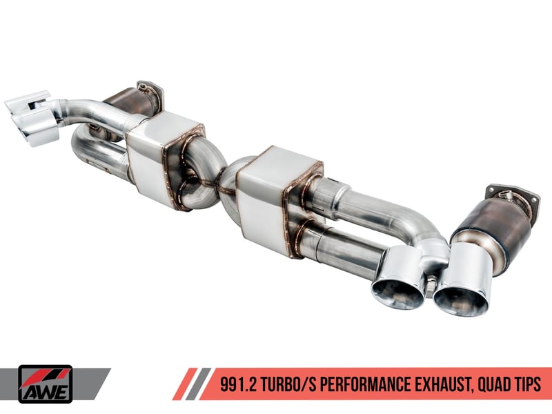 awe tuning porsche 991.2 turbo performance exhaust and high-flow cat sections - silver quad tips 3015-42084