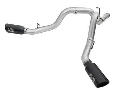 afe atlas exhaust 4in dual dpf-back al steel w/ black tips 16-17 gm diesel truck v8-6.6l (td) lml 49-04080-b