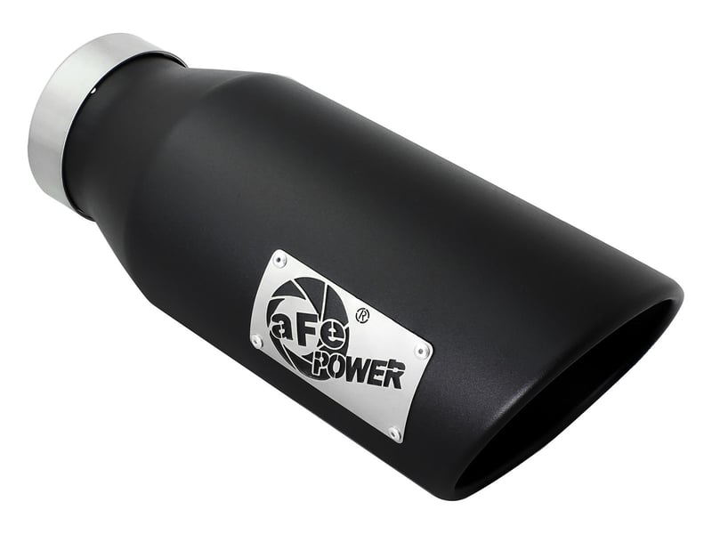 afe power mach force-xp 4in in x 6in out x 15in l driver side clamp-on 4in 409 ss exhaust tip-black 49t40601-b15