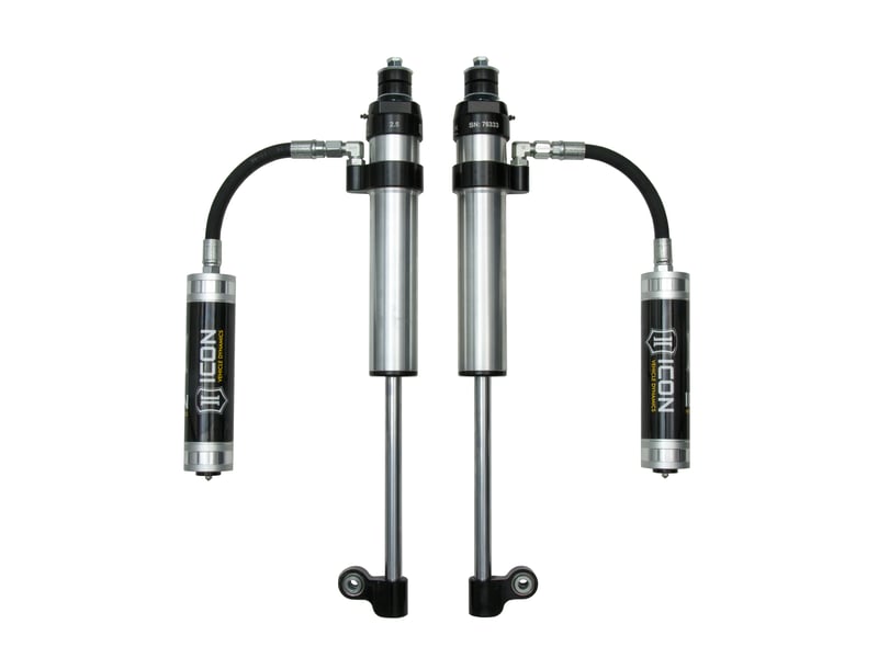 icon 2005-2023 toyota tacoma, rear, 2.5 aluminum series rxt remote reservoir shocks, pair 57826p