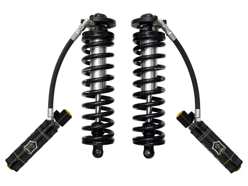 icon 2005-2023 ford f-250/f-350 super duty 4wd, 2.5-3" lift, v.s. 2.5 series coilover conversion kit, remote reservoir w/ cdev, w/ caster cams 61720e