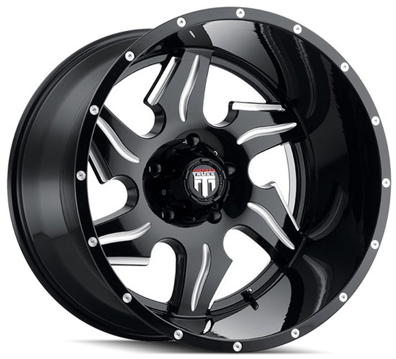 (clearance - no returns) 22x14 american truxx at163 ninja gloss black milled (* may require trimming) 5x150 -76mm
