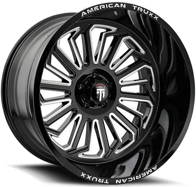 (clearance - no returns) 24x14 american truxx at1916 butcher gloss black w/ milled spokes (* may require trimming) 6x135 -76mm