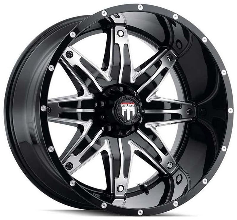 (clearance - no returns) 22x12 american truxx at185 lonestar gloss black machined (* may require trimming) 5x5/127 -44mm