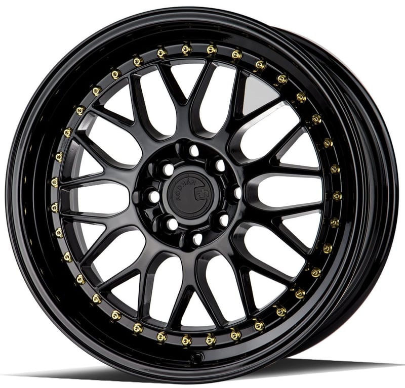 17x8 aodhan ah02 gloss black w/ gold rivet 4x100 4x4.5/114.3 35mm