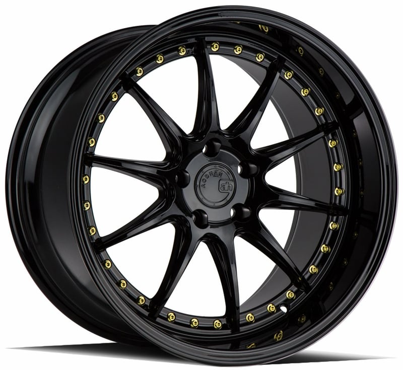 18x9.5 aodhan ds07 gloss black w/ gold rivets 5x4.5/114.3 15mm