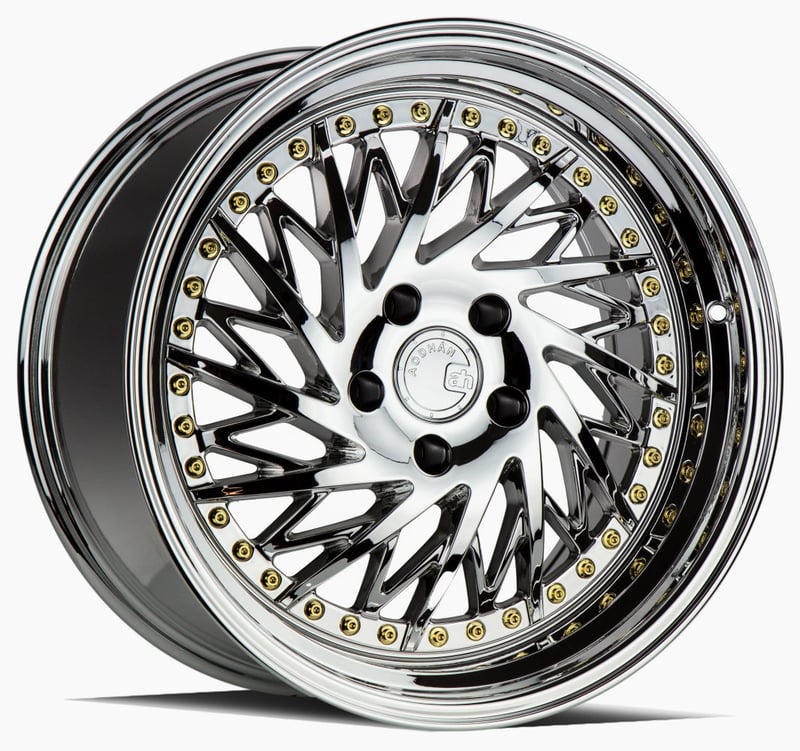 18x9.5 aodhan ds03 vacuum chrome w/ gold rivets (left) 5x4.5/114.3 30mm