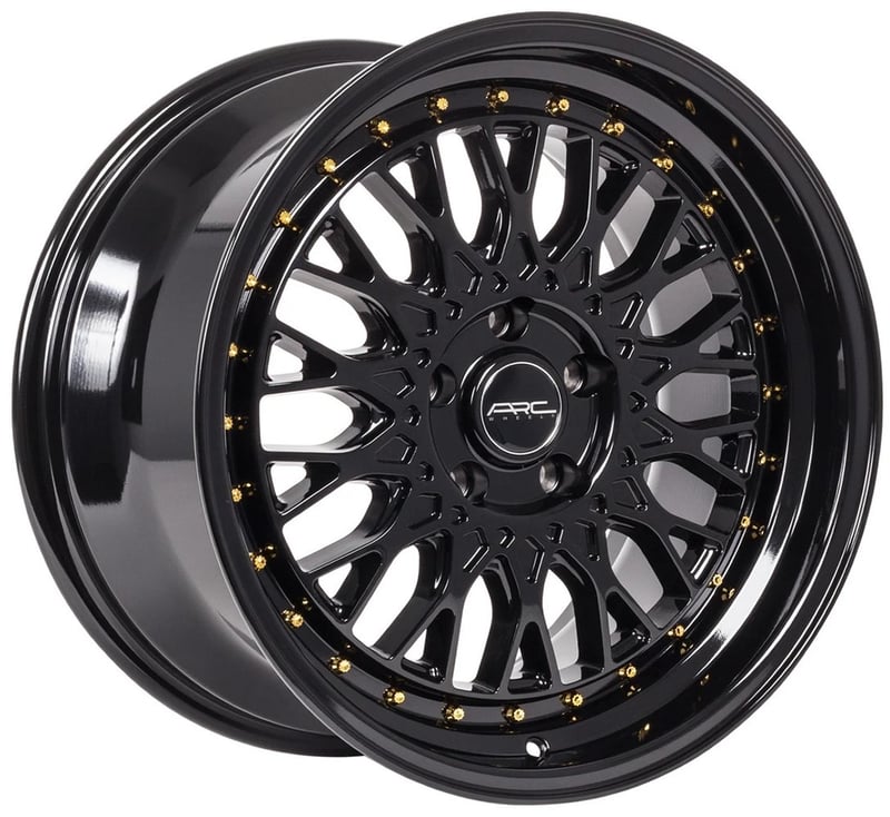 18x8.5 arc ar1 gloss black w/ gold rivets 5x4.25/108 35mm (custom)