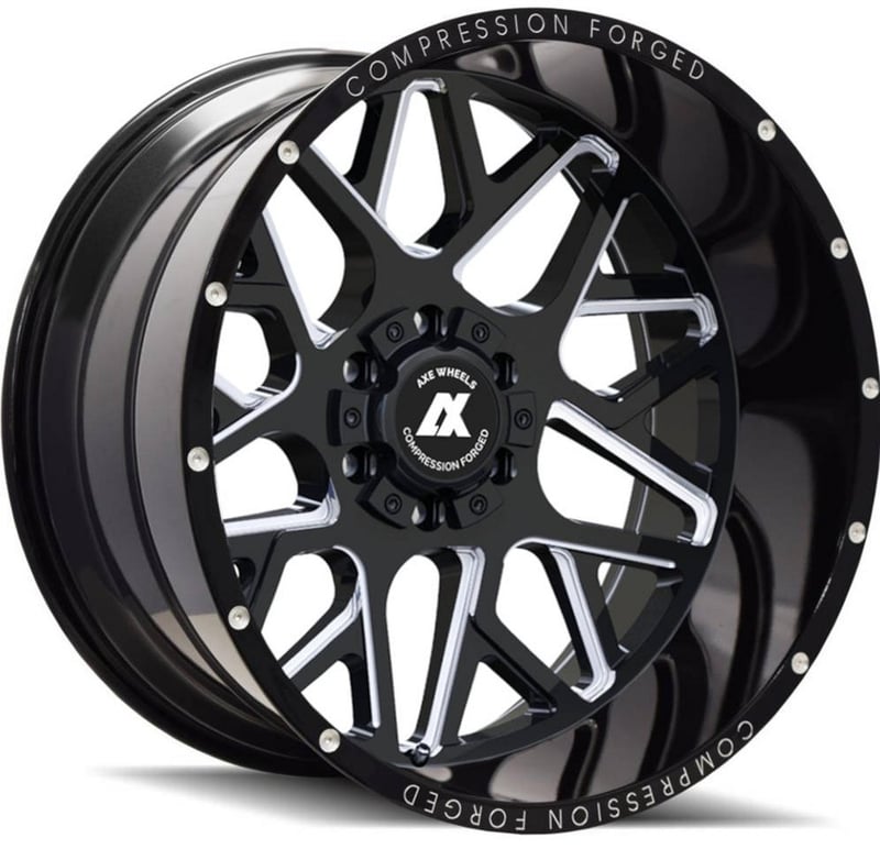 (clearance - no returns) 24x12 axe offroad ax5.0 gloss black milled (compression forged) (* may require trimming) 6x135 6x5.5/139.7 -44mm