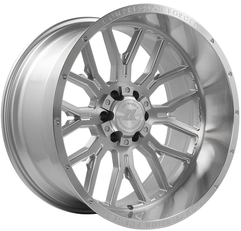 26x14 axe offroad ax6.1 silver brushed milled w/ mirror lip (compression forged) (* may require trimming) 8x170 -76mm