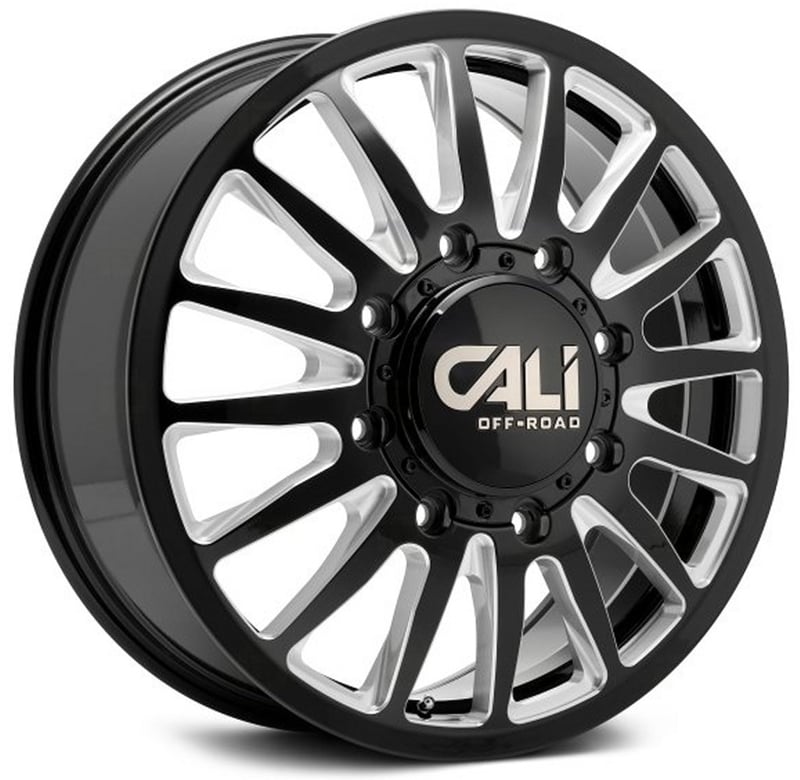 20x8.25 cali off-road summit dually front 9110d gloss black w/ milled spokes 8x6.5/165 115mm 121.3 c.b.