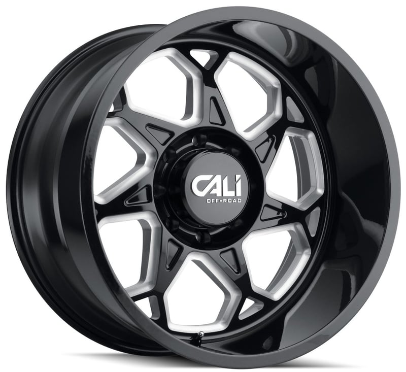 (clearance - no returns) 20x12 cali off-road sevenfold 9111bm gloss black w/ milled spokes (* may require trimming) 6x135 -51mm