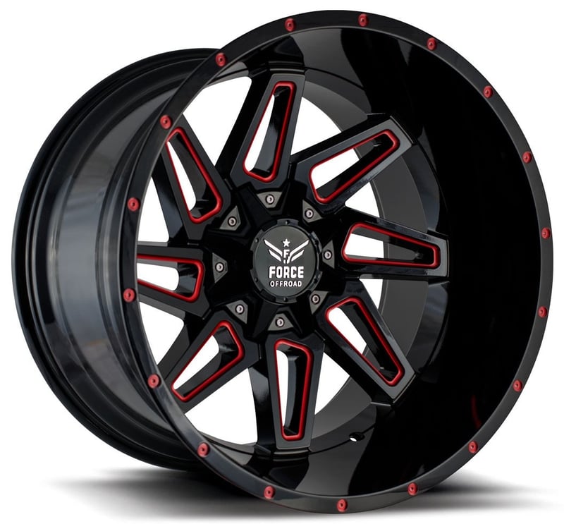 20x12 force off-road f02 black w/ red milled (* may require trimming) 5x5.5/139.7 5x150 -44mm