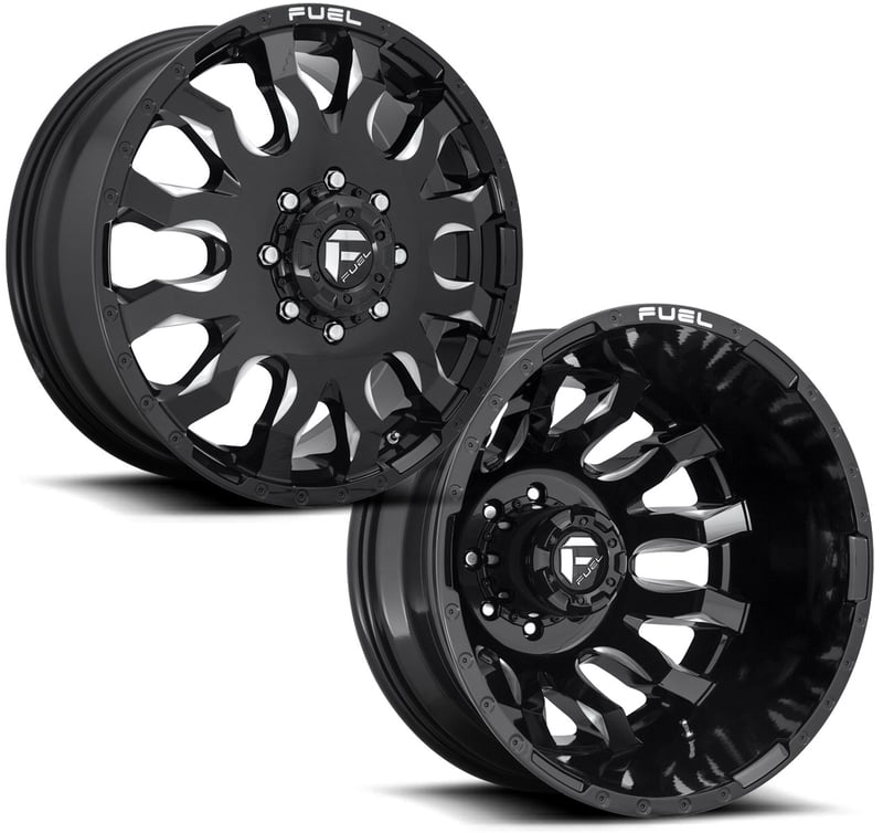 (full set - 6 wheels) 20 inch fuel off-road blitz gloss black milled dually d673 8x200 (fits up to 13.5" tires),20x8.25 fuel off-road blitz gloss black milled dually front d673 8x200 105mm 142.0 c.b.,20x8.25 fuel off-road d500 gloss black dually rear inner 8x200 115mm 142.0 c.b.,32 pc tall black spline lug nut kit + key (for 8 lug trucks)