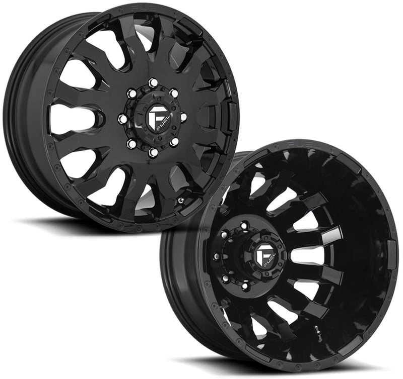 (full set - 6 wheels) 20 inch fuel off-road blitz gloss black dually d675 8x6.5/165.1 121.6 c.b. (fits up to 13.5" tires),32 pc tall black spline lug nut kit + key (for 8 lug trucks),20x8.25 fuel off-road blitz gloss black dually front d675 8x165.1 105mm 121.5 c.b.,20x8.25 fuel off-road d500 gloss black dually rear inner 8x6.5/x165 78mm 121.6 cb