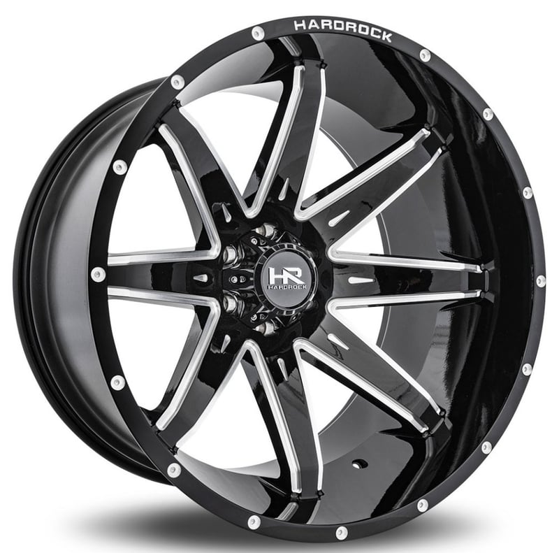 20x12 hardrock off-road h502 pain killer xposed gloss black milled (* may require trimming) 5x150 -44mm