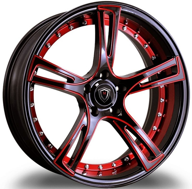 20x10.5 marquee m3247 gloss black w/ red milled & inner lip 5x115 20mm