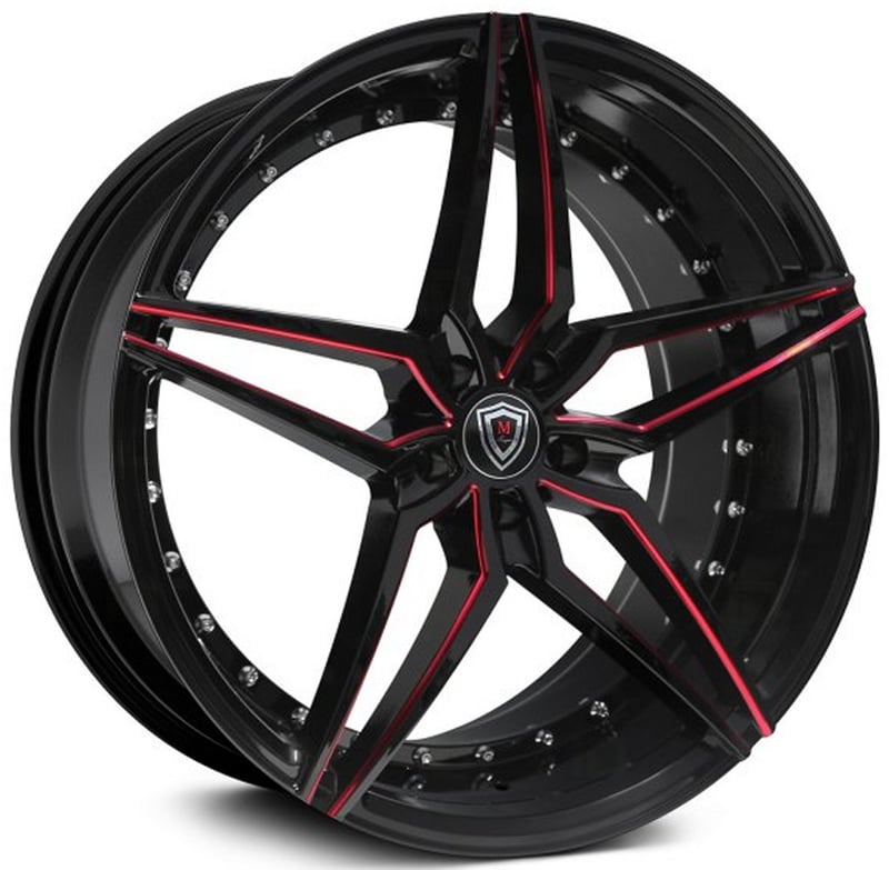 19x8.5 marquee m3259 gloss black w/ red milled 5x112 25mm