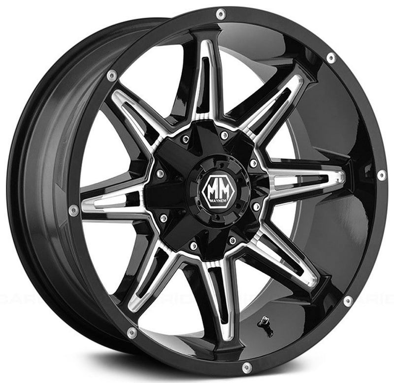 18x9 mayhem rampage 8090m gloss black w/ milled spokes 6x135 6x5.5/139.7 18mm