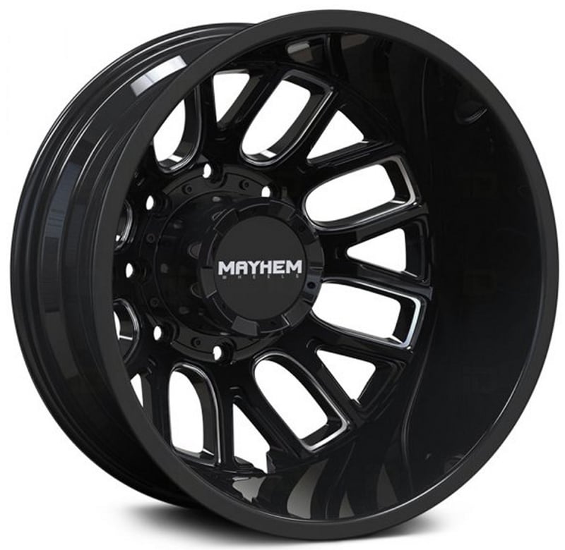 20x8.25 mayhem cogent dually rear 8107d gloss black w/ milled spokes 8x210 -192mm 154.2 c.b.