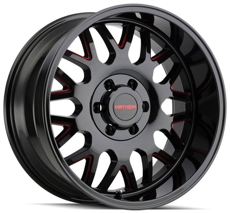 (clearance - no returns) 20x9 mayhem tripwire 8110btr gloss black milled w/ prism red 8x170 18mm