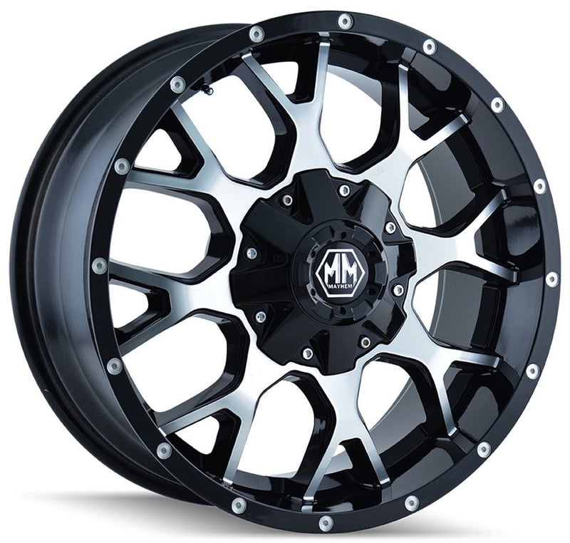 18x9 mayhem warrior 8015b gloss black w/ machined face 8x180 -12mm