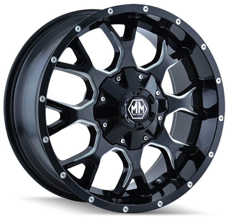 20x9 mayhem warrior 8015m gloss black w/ milled spokes 5x5/127 5x5.5/139.7 0mm