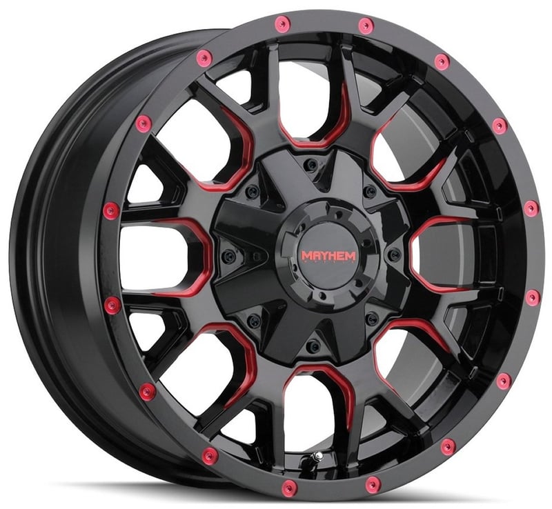 18x9 mayhem warrior 8015btr gloss black w/ prism red 6x135 6x5.5/139.7 18mm