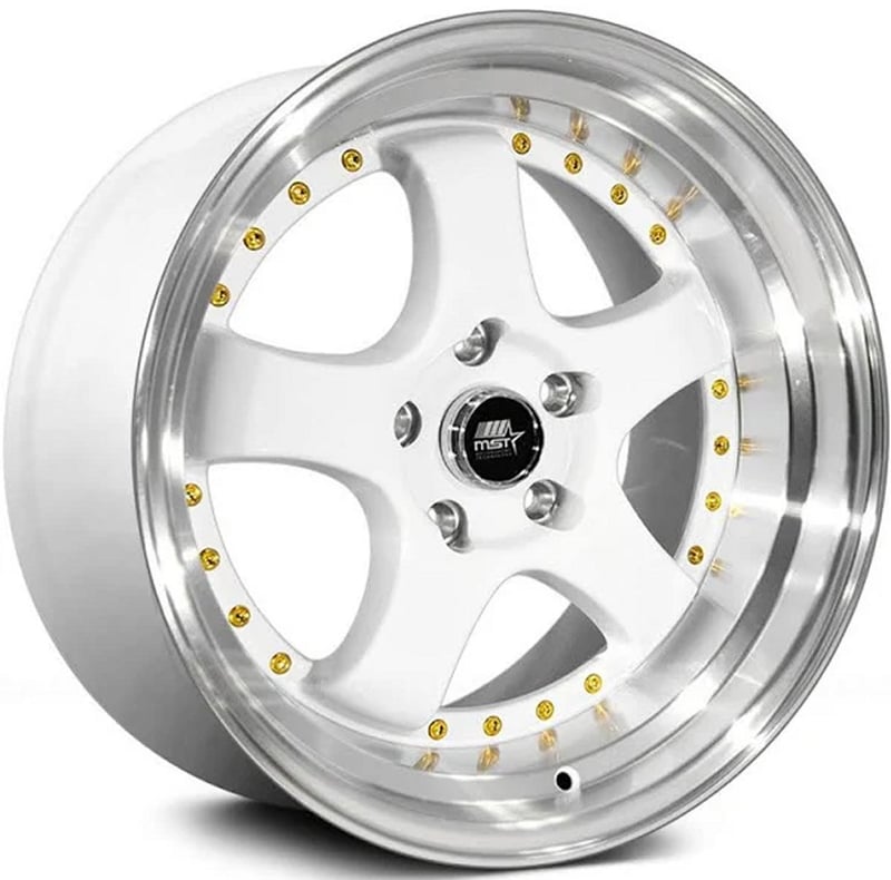 18x8.5 mst mt07 white w/ machined lip gold rivets 5x4.5/114.3 20mm