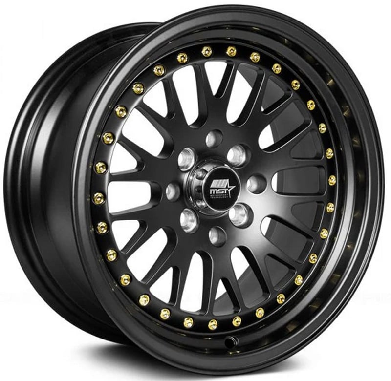 15x8 mst mt10 matte black w/ gold rivets 4x100 4x4.5/114.3 25mm