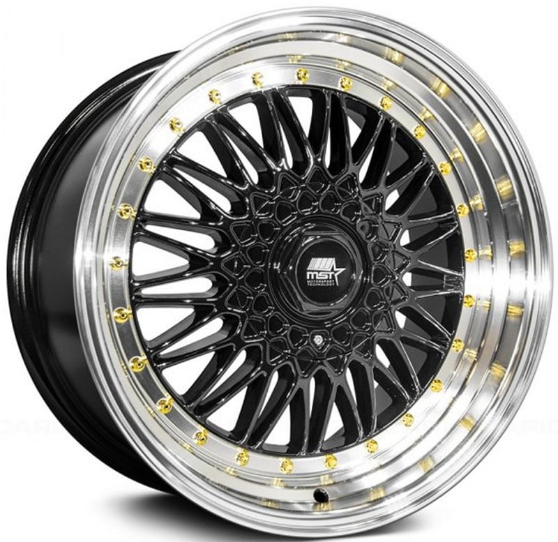16x8 mst mt13 gloss black w/machined lip gold rivets 4x100 4x4.5/114.3 20mm