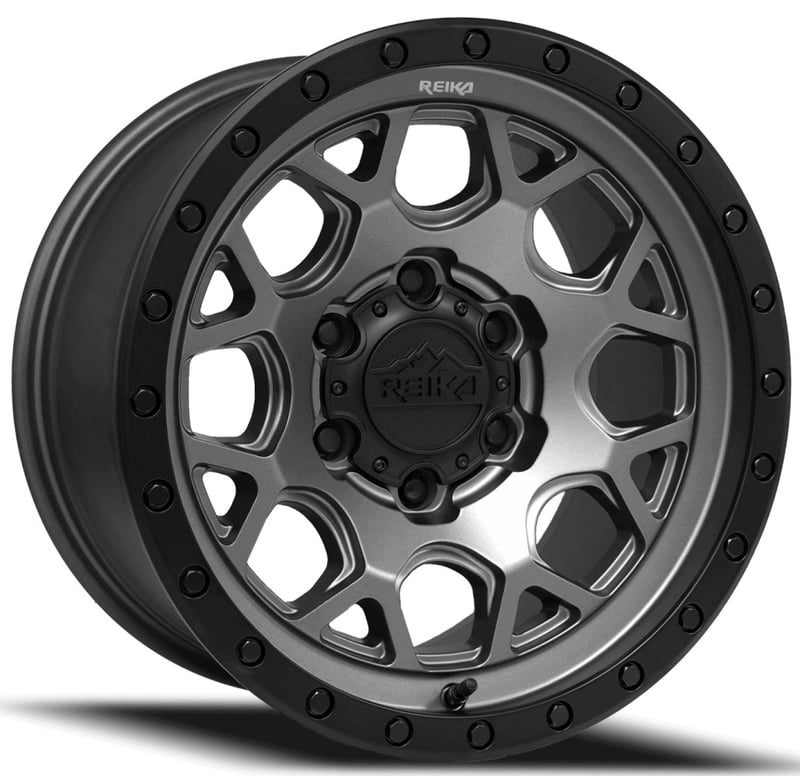17x8.5 reika r45 marauder satin gunmetal with a satin black ring 6x114.3/4.5 18mm