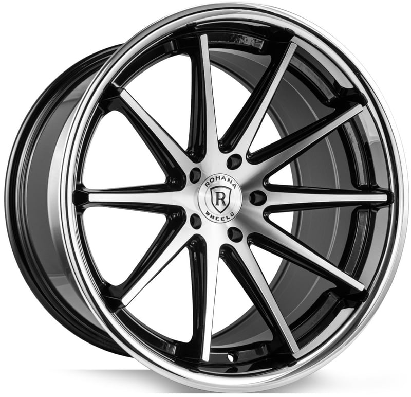 20x10 rohana rfc10 gloss black machined w/ chrome stainless steel lip (flow formed) (deep concave) 5x120 25mm