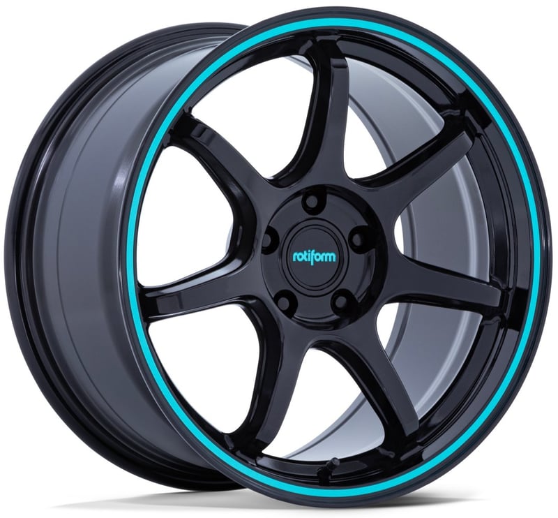 18x9.5 rotiform lbpu gloss black w/ teal stripe rc208 5x100 38mm