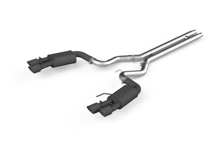 mbrp 18-19 ford mustang gt 5.0 3in dual split rear cat back w/ quad 4in dual wall tips- black coated s7205blk