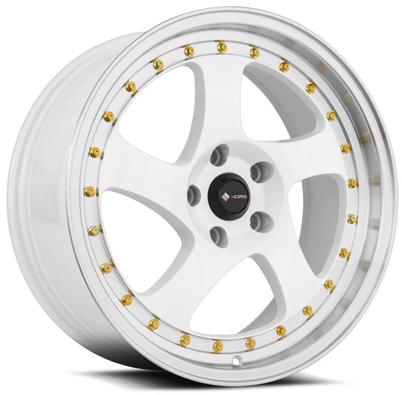 18x9 vors vr2 white machined w/ gold rivets 5x4.5/114.3 35mm