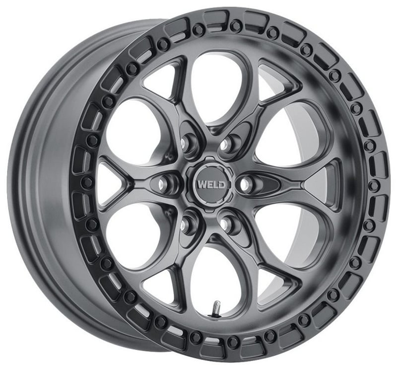 18x9 weld off-road ledge w107 satin gunmetal w/ satin black lip (6-lug) (rotary forged) 6x5.5/139.7 -12mm